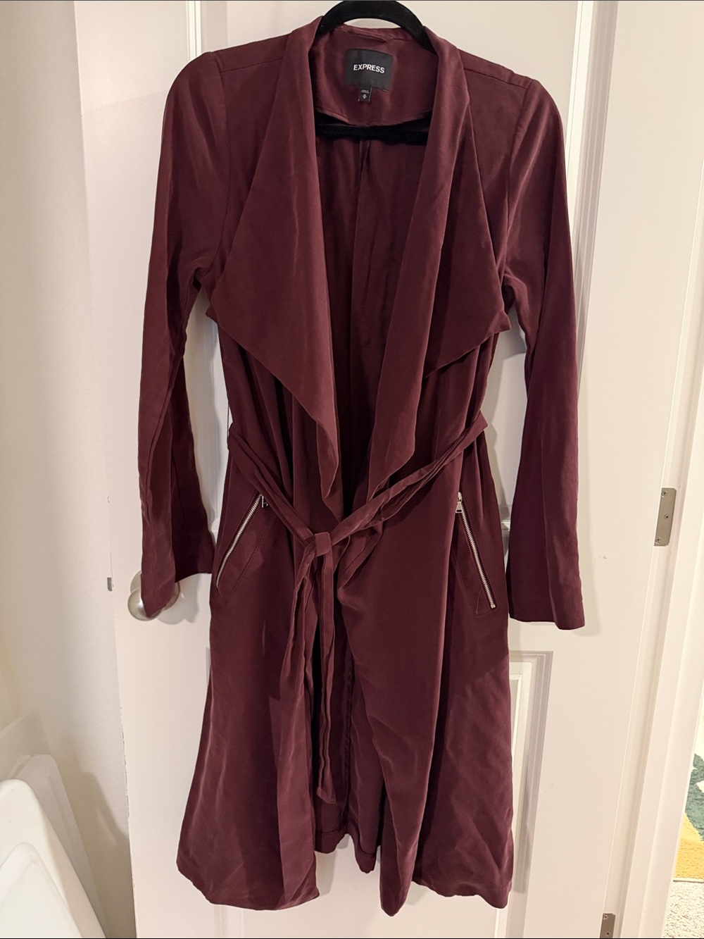 Express Burgundy Drape Trench Coat with Tie Belt